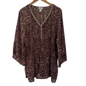 Catherines Leopard Animal Print Accordion Pleat Flutter Sleeve Top 3X